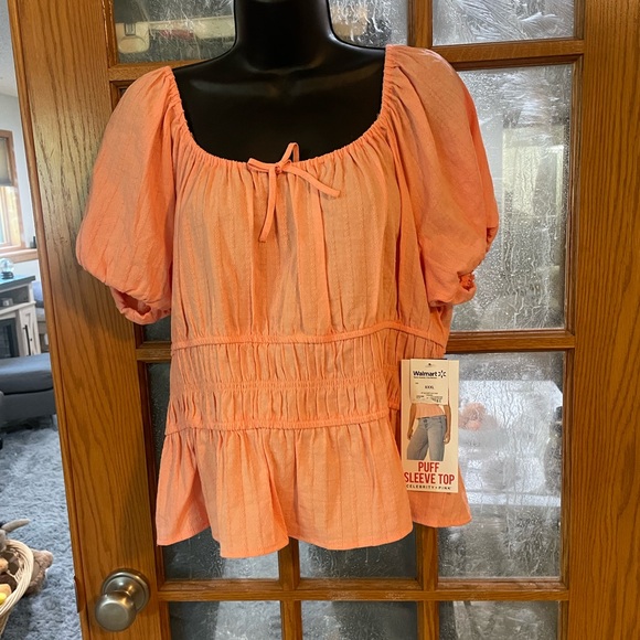 Celebrity Pink Tops - Celebrity Pink Coral Puff Sleeve Peplum Blouse